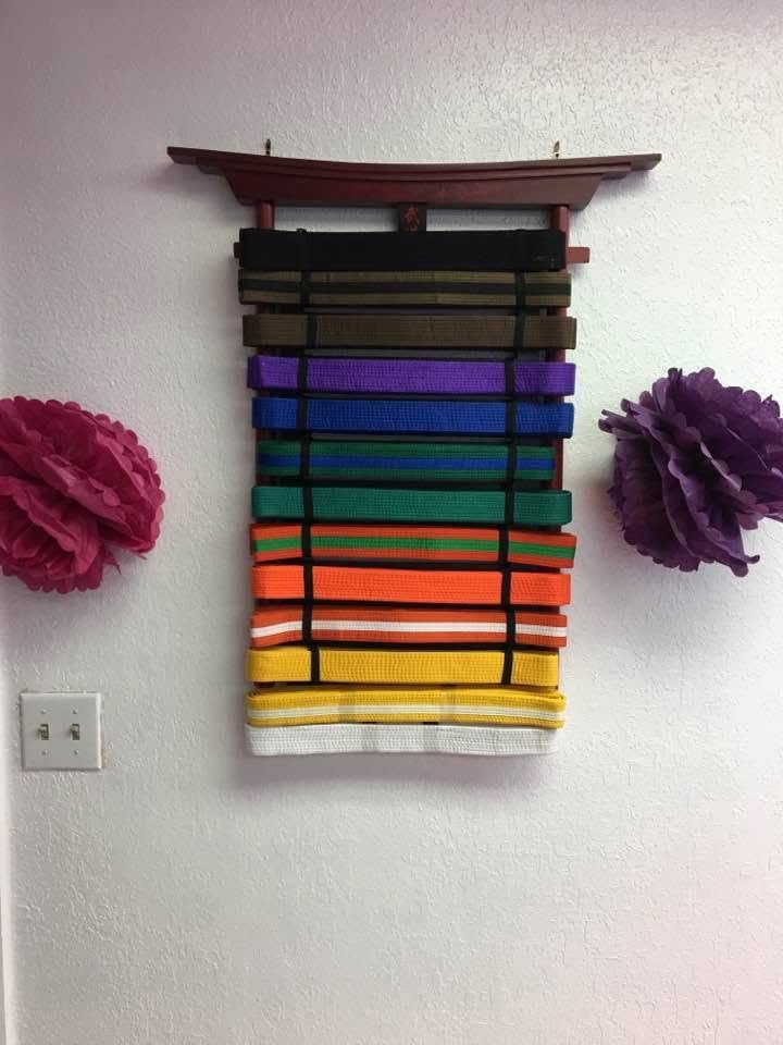 Wall rack displaying karate belts from white to black