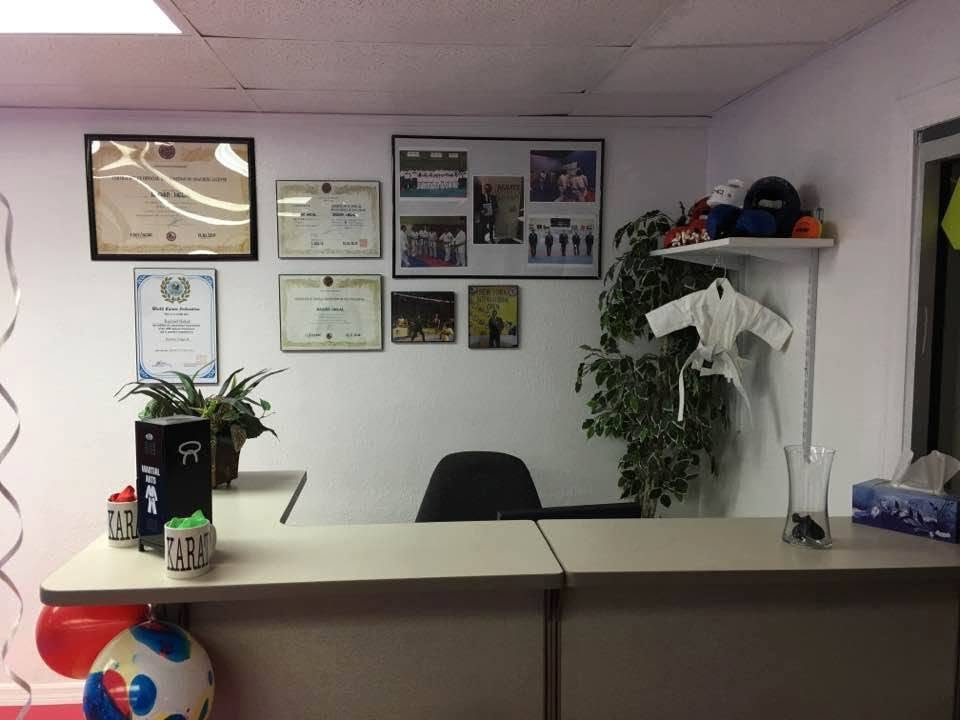 Front desk with framed certificates